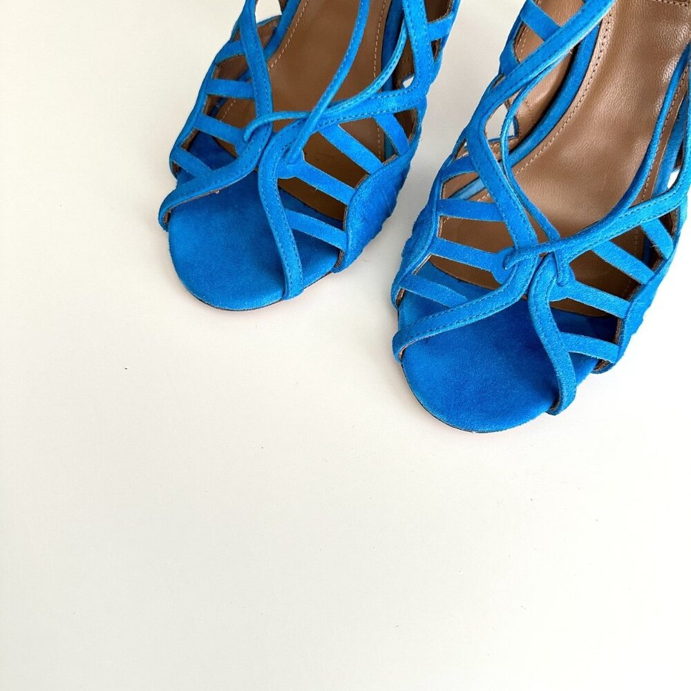 AQUAZZURA Blue Suede Scalloped Cutout Ankle Wrap Sandals Heels Size 38.5 - Picture 6 of 11